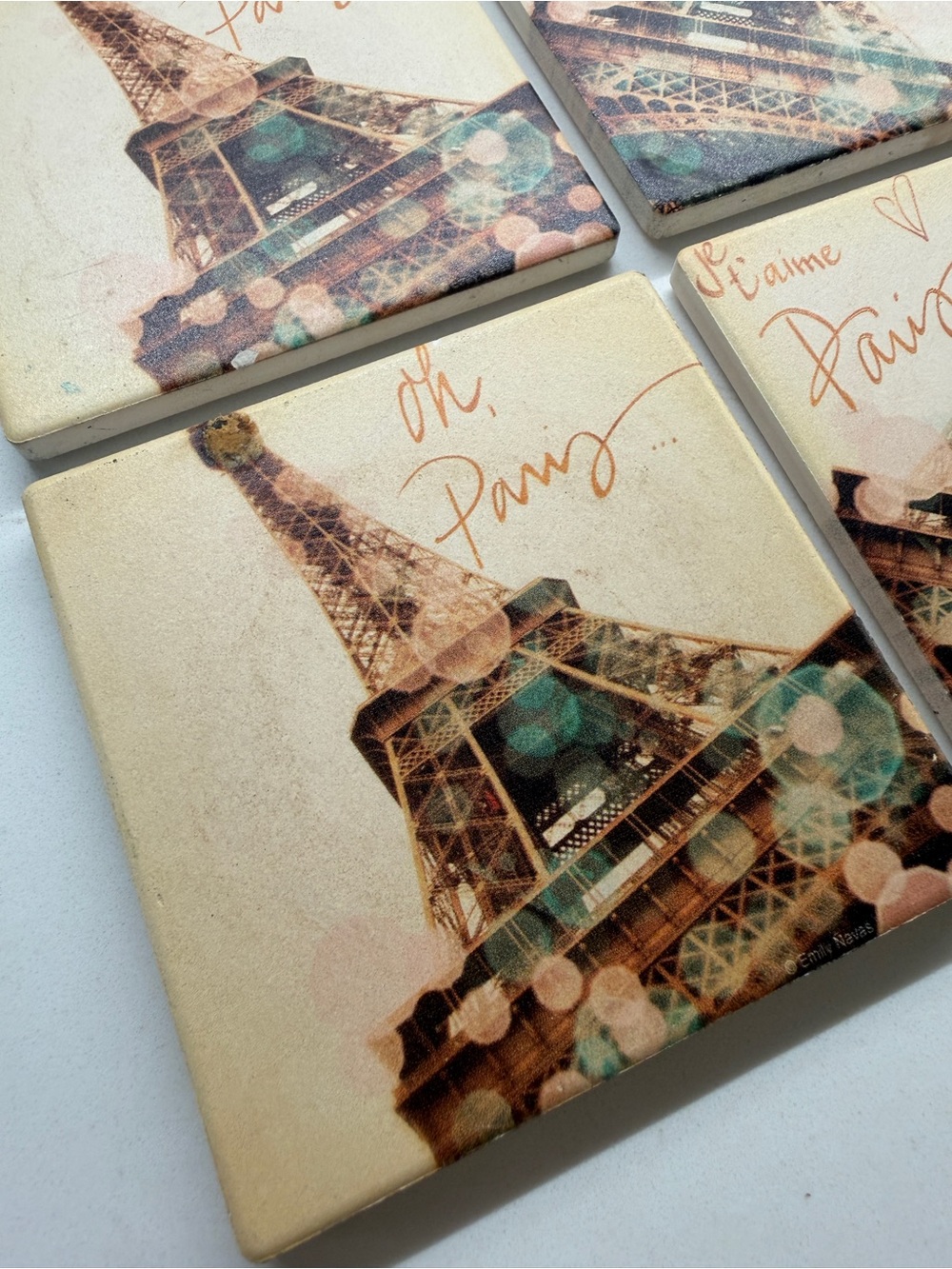 Paris Eiffel Tower Decorative Coasters Set of 4— Beige, Teal, Pink